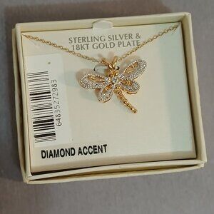 JCM Sterling Silver & 18kt Gold Plate Diamond Accent Dragonfly Necklace